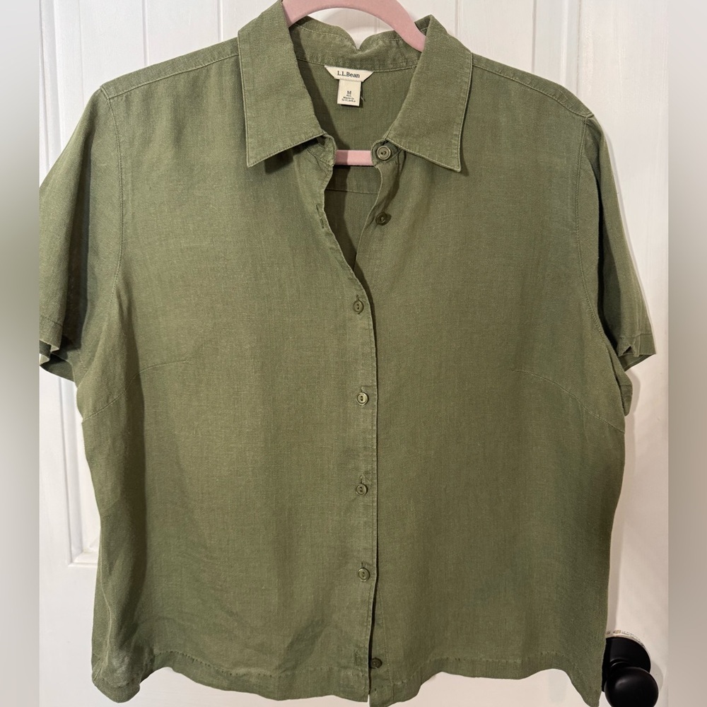 L.L. Bean Olive Button-Up Shirt 100% Linen